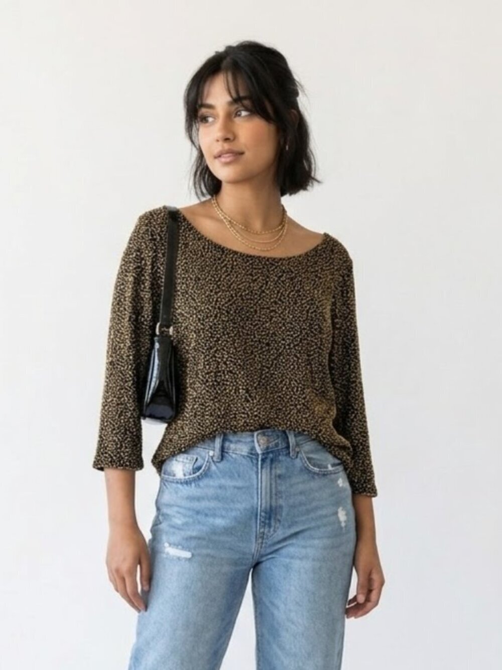 BRILLIANTE Vintage Beaded Black Top Gold Embellished Sheer Party Blouse XL